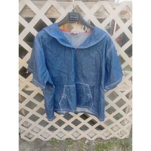 Vtg Carolina Denim Pullover Jacket 26W Red Trim 100% Cotton Nautical Boat Beach